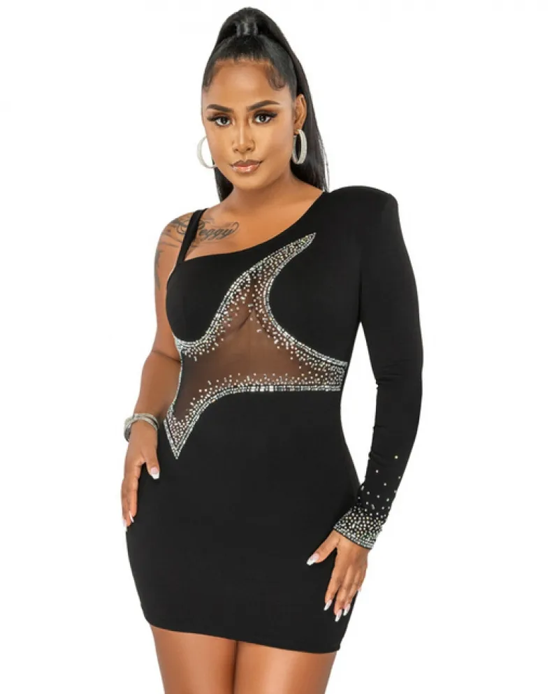 Abiti con diamanti cuciti a rete Cutuly Abiti eleganti da donna con una spalla a maniche lunghe Outfit Hot Drill Bodycon Vestido