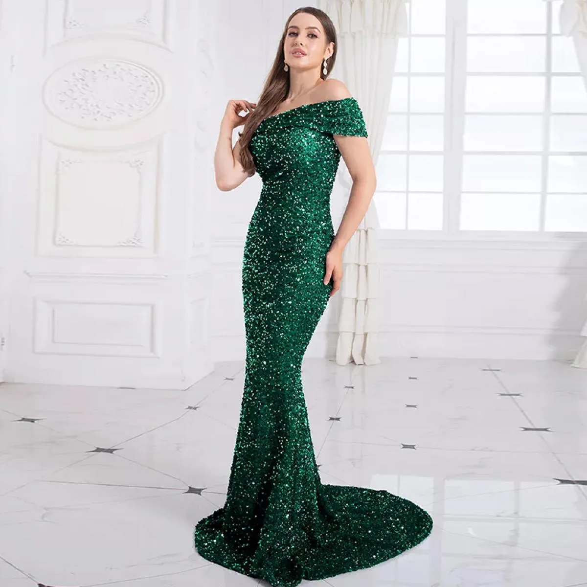 Abiti da sera eleganti con paillettes con spalle scoperte Abiti da ballo formali da donna Completamente foderati Senza spalline