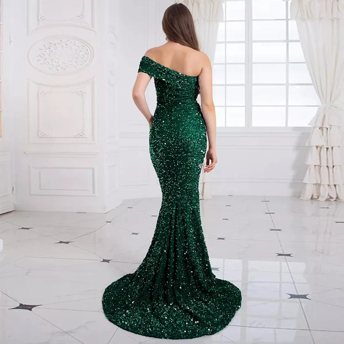 Abiti da sera eleganti con paillettes con spalle scoperte Abiti da ballo formali da donna Completamente foderati Senza spalline