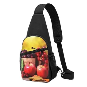 Autunno Rosso Foglie e Frutti Stampa Sling Zaino Unisex Sport Petto Borse Crossbody Borsa A Tracolla, Nero , Taglia unica 232185