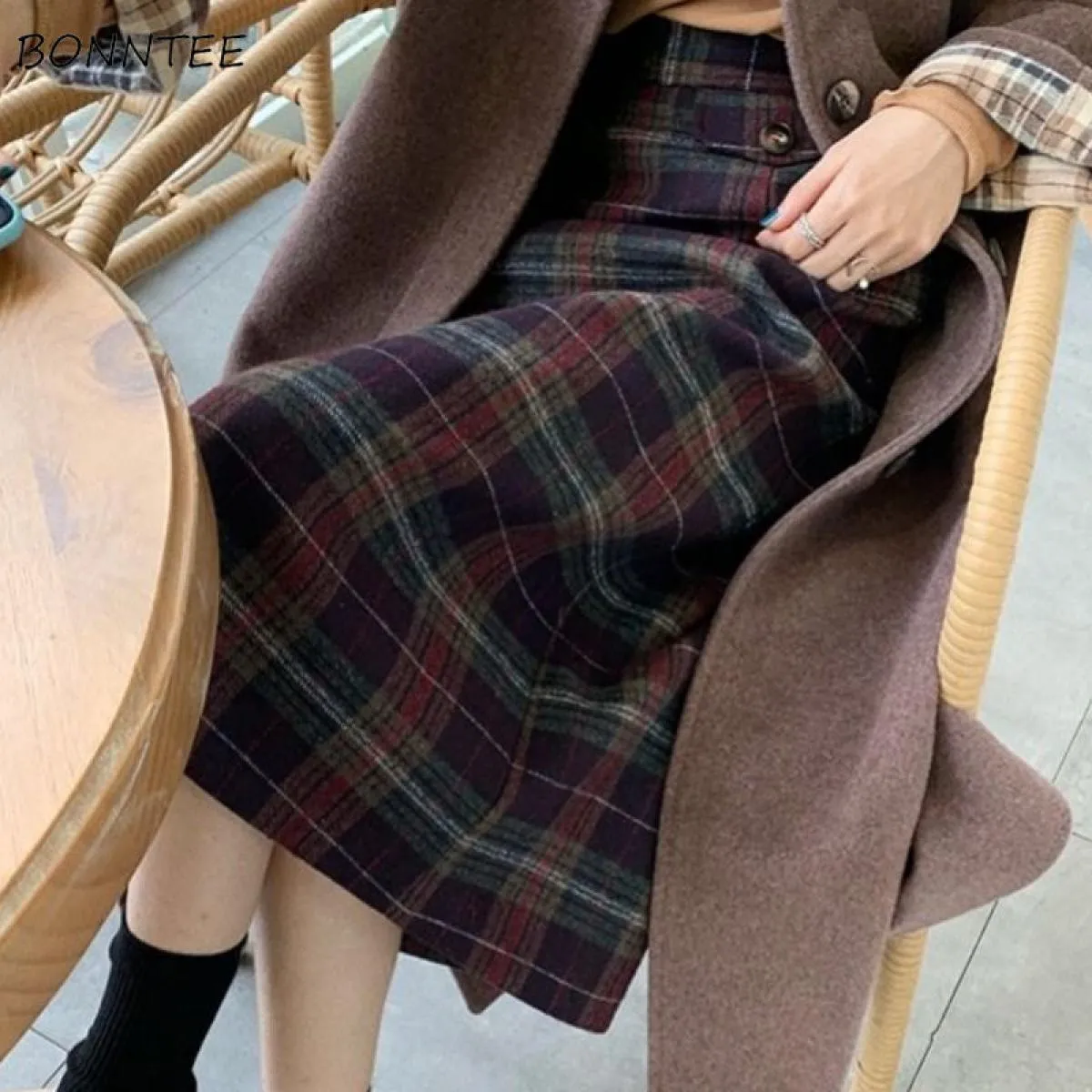 Gonne invernali spesse di base Donna New Warm A Line Vintage Classic Plaid Midi Vita alta Semplice Streetwear Elegante Donna A