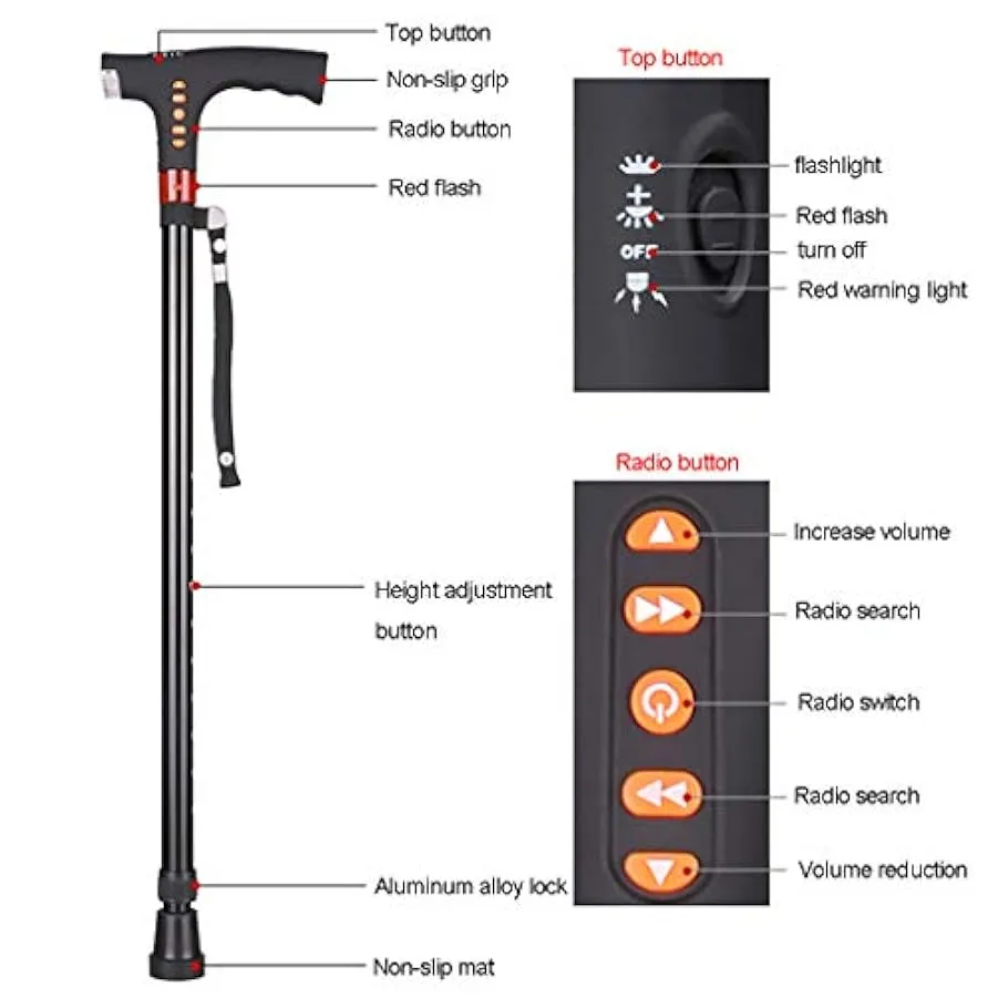 GUAIZ Bastone da Passeggio Portatile per Donna/Uomo, Altezza Regolabile (64-97 Cm) Bastone da Passeggio con Allarme Luce A LED, 