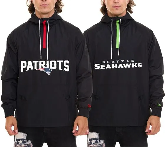 NEW ERA NFL OVERLAP LOGO Giacca a vento con cappuccio Patriots o Seattle Seahwaks da uomo Nero/Rosso o Nero/Verde