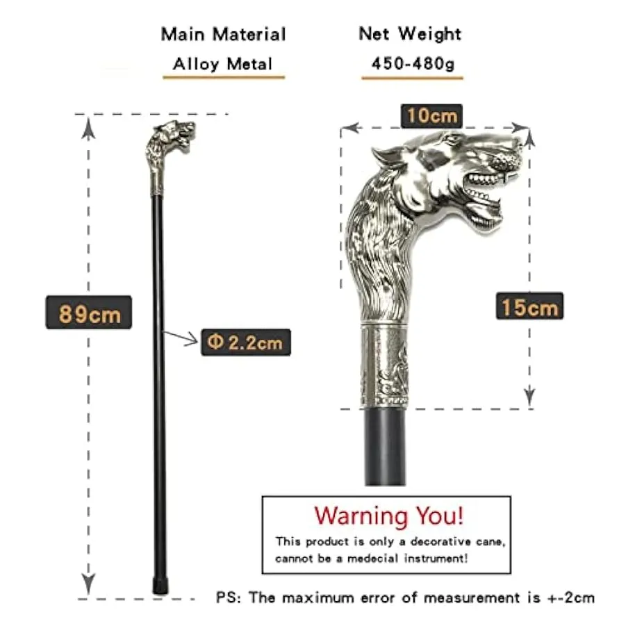 oiakus Bastone da Passeggio Lupo, Bastone da Passeggio da Uomo Vintage, Testa di Lupo in Metallo Argentato Bastoni da Passeggio 