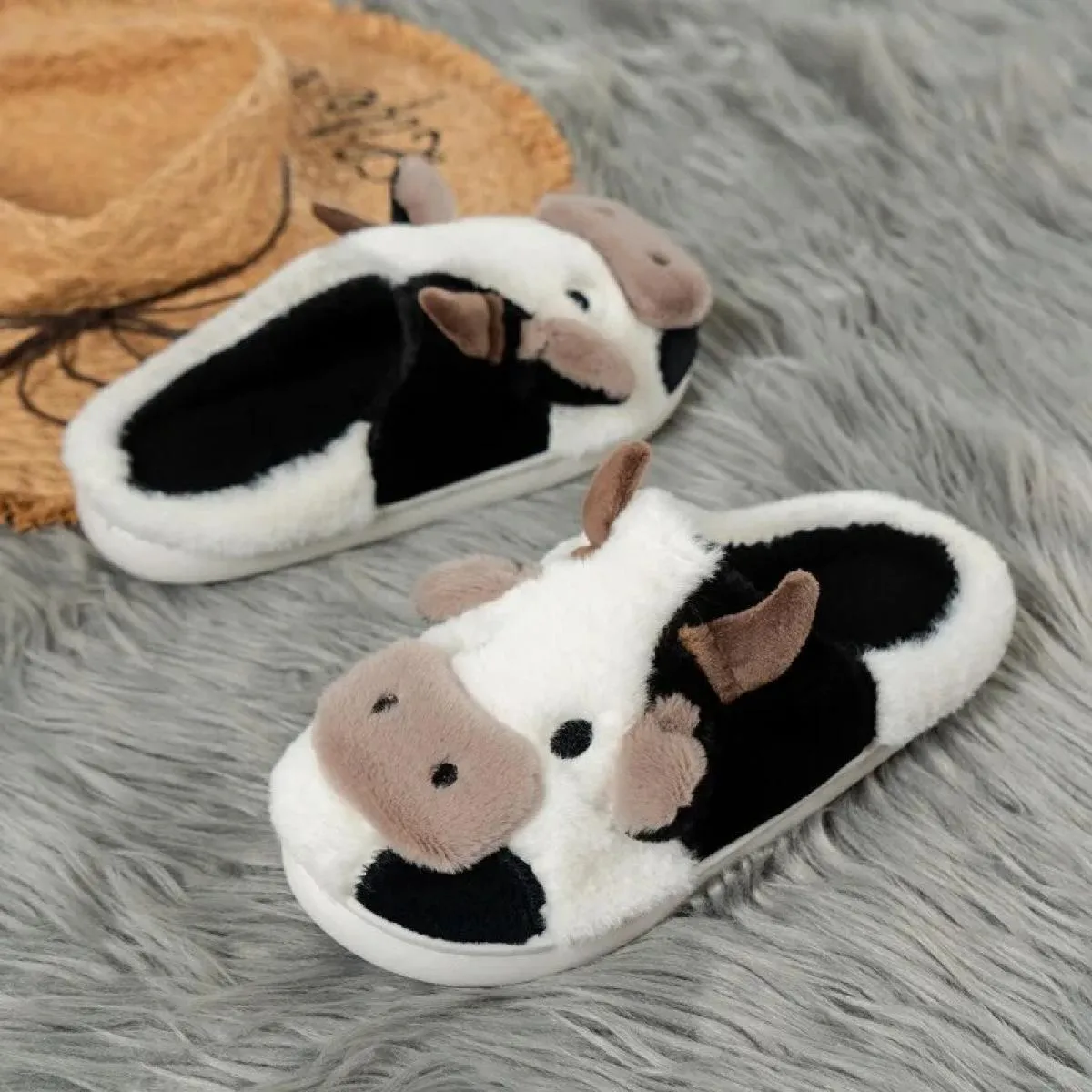 Pantofole in soffice pelliccia di mucca da latte da donna Pantofole invernali calde chiuse in peluche Bunny Kawaii piatto simpat