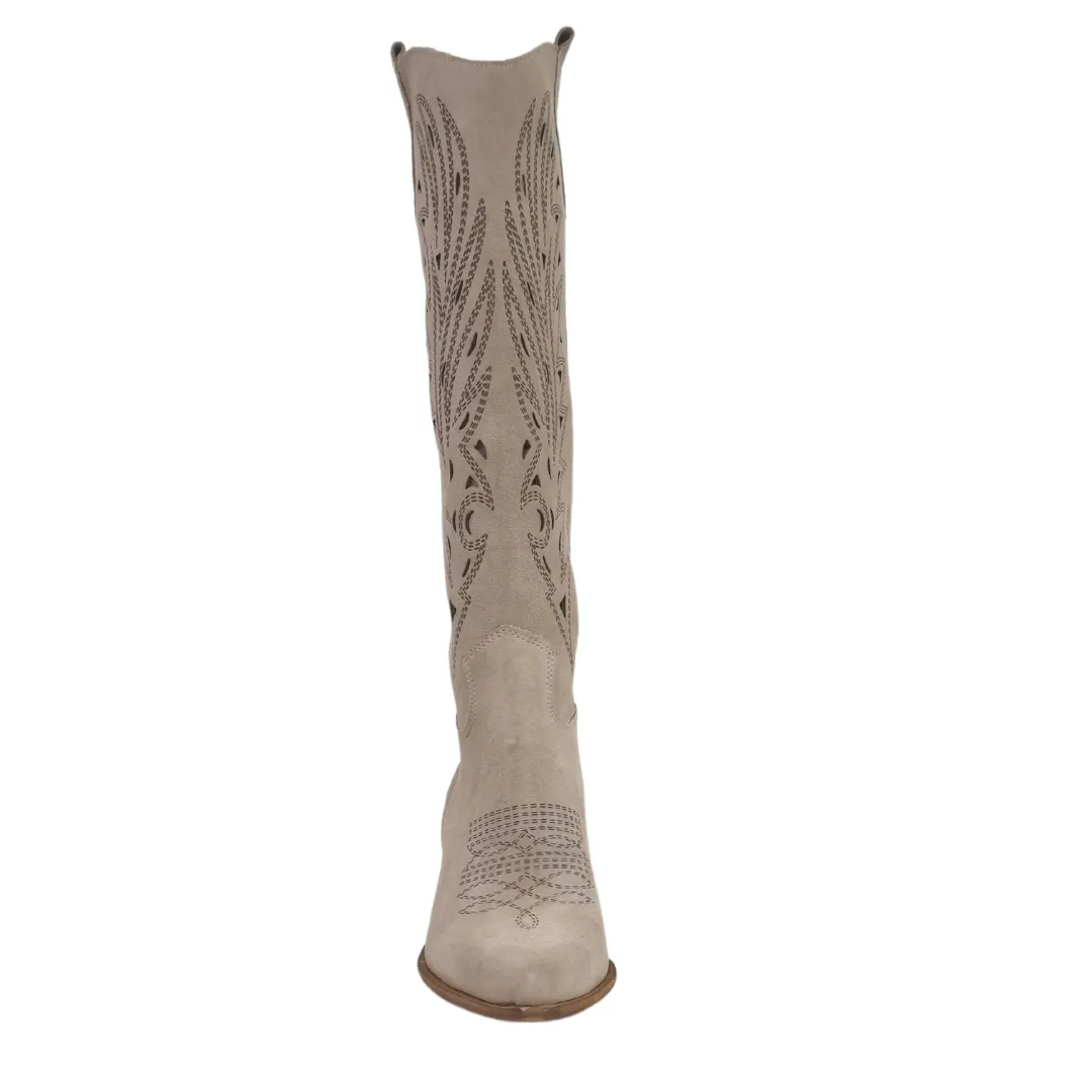 Stivali texani con tacco laserati camoscio beige